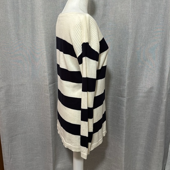 Talbots Cotton Rayon Sweater-Sz S-Navy Cream Stripes-Wider Neck-Notched Side-EUC - Picture 8 of 16
